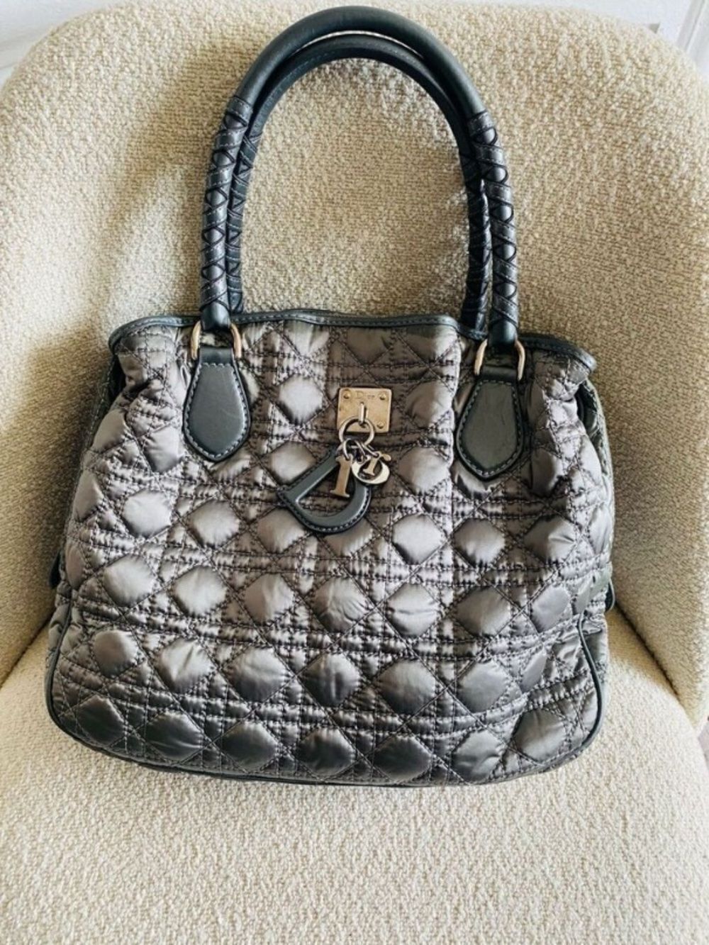 🛍️ Dior Lady Dior Quilted Large Satchel in Metallic Silver Vintage and Authentic